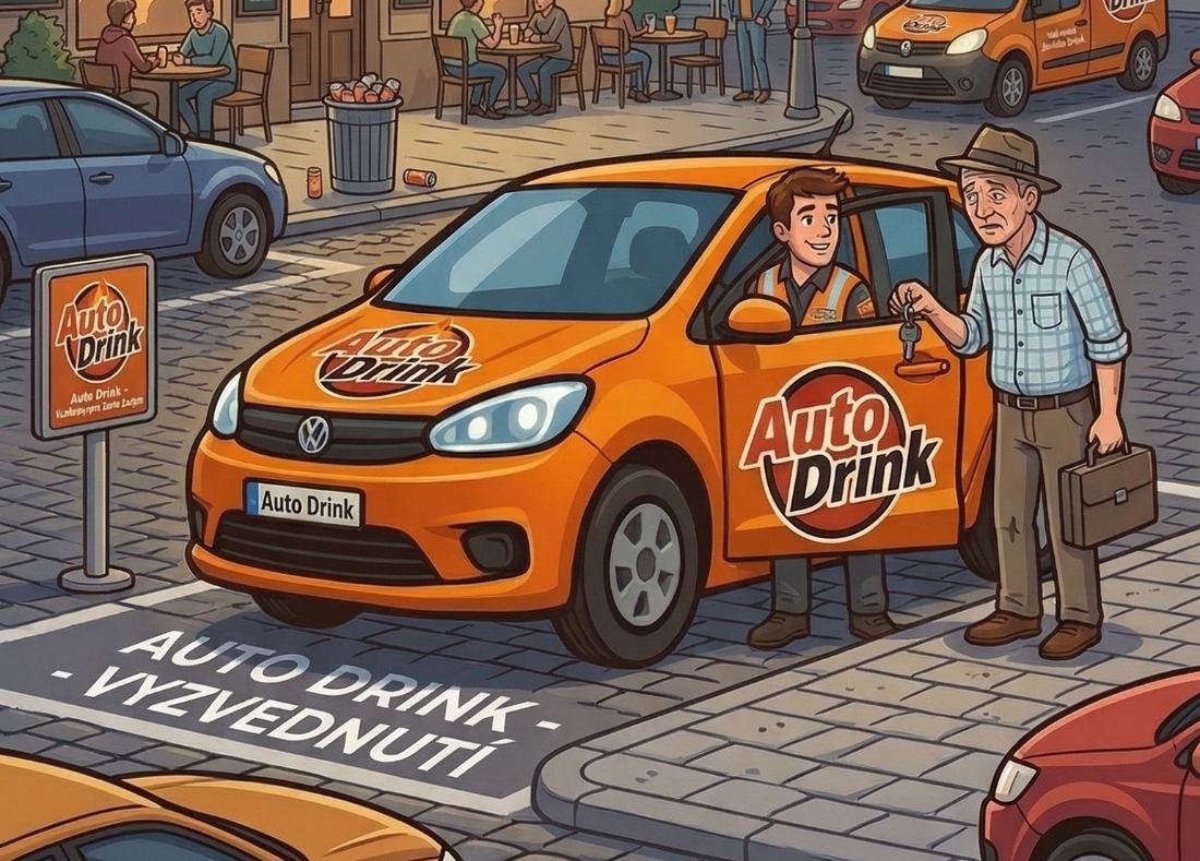 Předání klíčků řidiči Auto Drink před barem v centru Brna