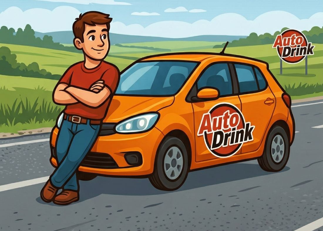 Řidič Auto Drink u oranžového vozu na okraji silnice u Brna